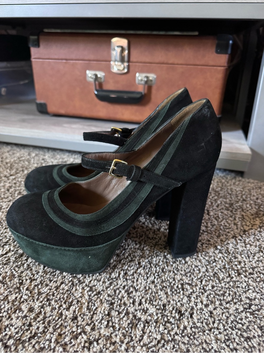 Marni Black and Dark Green Suede Mary Jane Platform Heels